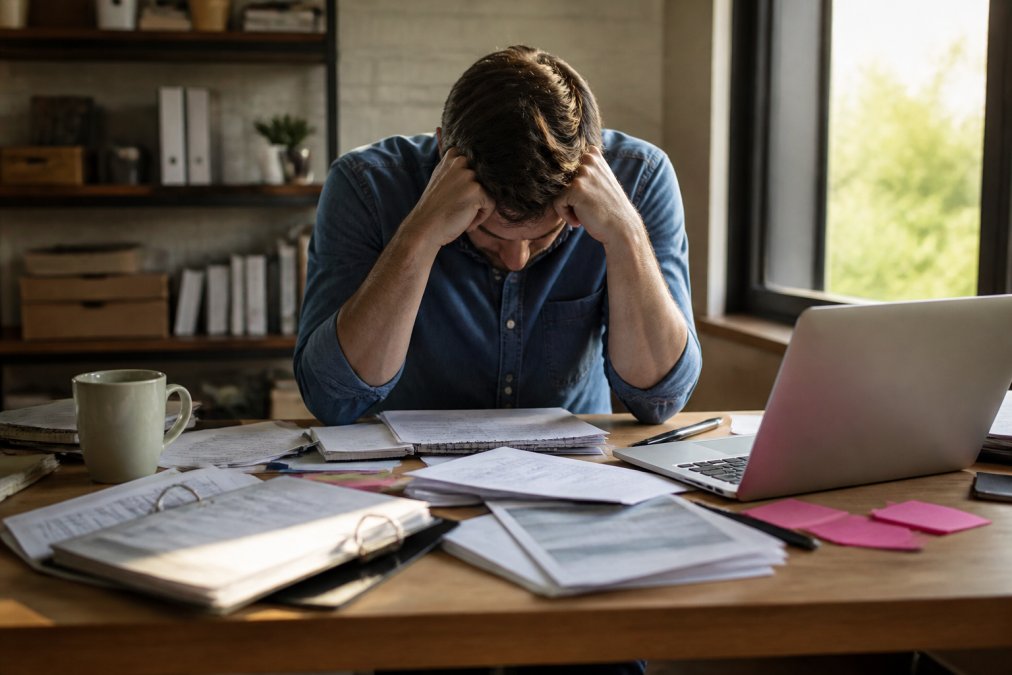 A professional resting their head on their hands at a cluttered desk with papers and a laptop, looking exhausted, natural window light, conveying stress and fatigue
