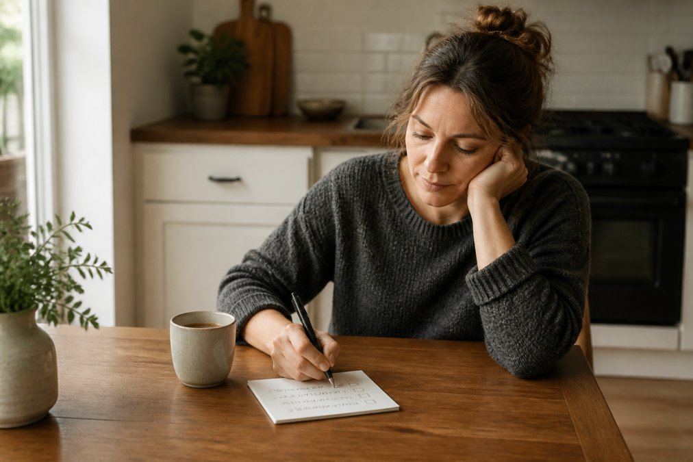 A parent sitting at a kitchen table with a short handwritten to-do list of three items, a mug of coffee, and a calm, uncluttered background