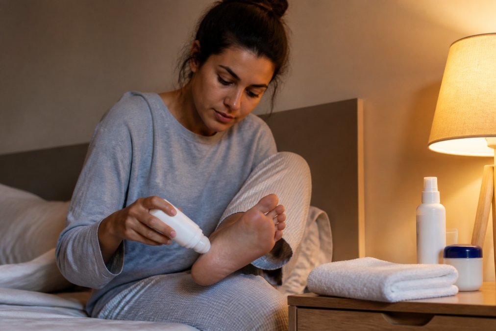 Person applying antiperspirant product to their foot at night before bed, with a towel and foot care products visible on a nightstand, warm bedroom lighting