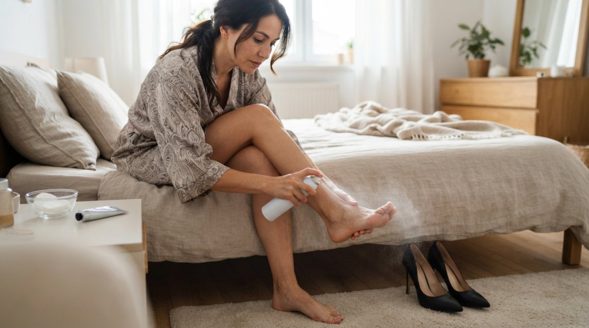 Woman sitting on a bed in a bright bedroom, carefully spraying a cooling foot comfort spray onto her feet and between her toes before slipping on elegant high heels for an evening event