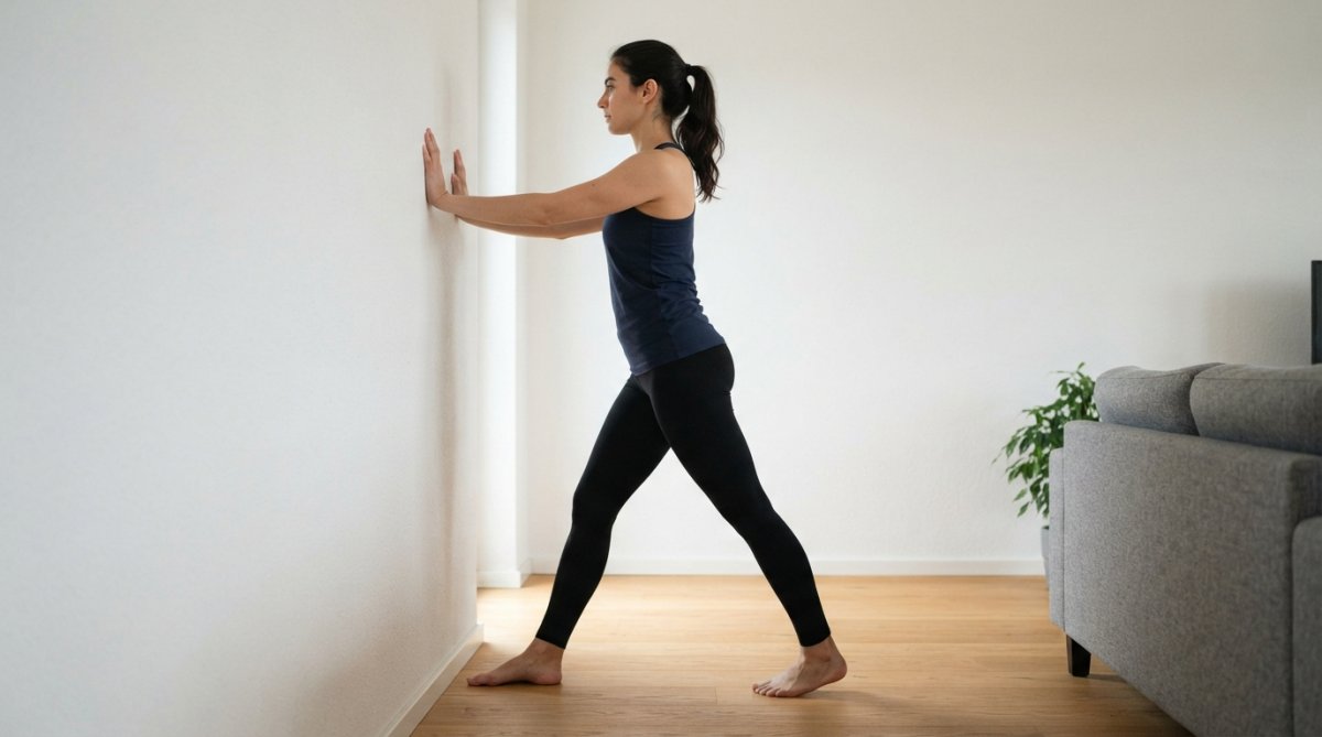 Woman in athletic wear standing against a white wall, demonstrating a proper calf stretch with one leg extended behind her, heel flat on the ground, showing correct form and posture for post-heel recovery