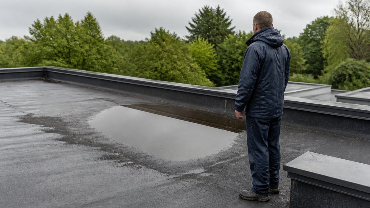 Homeowner in a waterproof jacket inspecting a pool of standing water on a flat roof after rainfall
