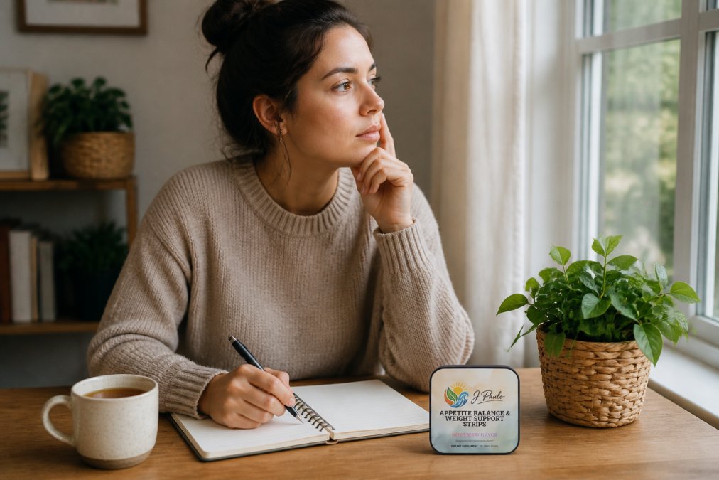 Person sitting at a table with a food journal and pen, reflecting thoughtfully with a cup of tea nearby, natural lighting from a window