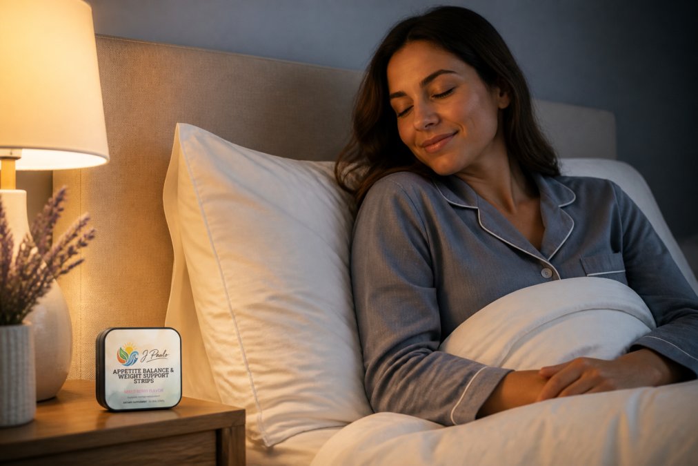 Person in a calm bedroom environment preparing for sleep, with soft lighting, comfortable bedding, and a relaxed posture