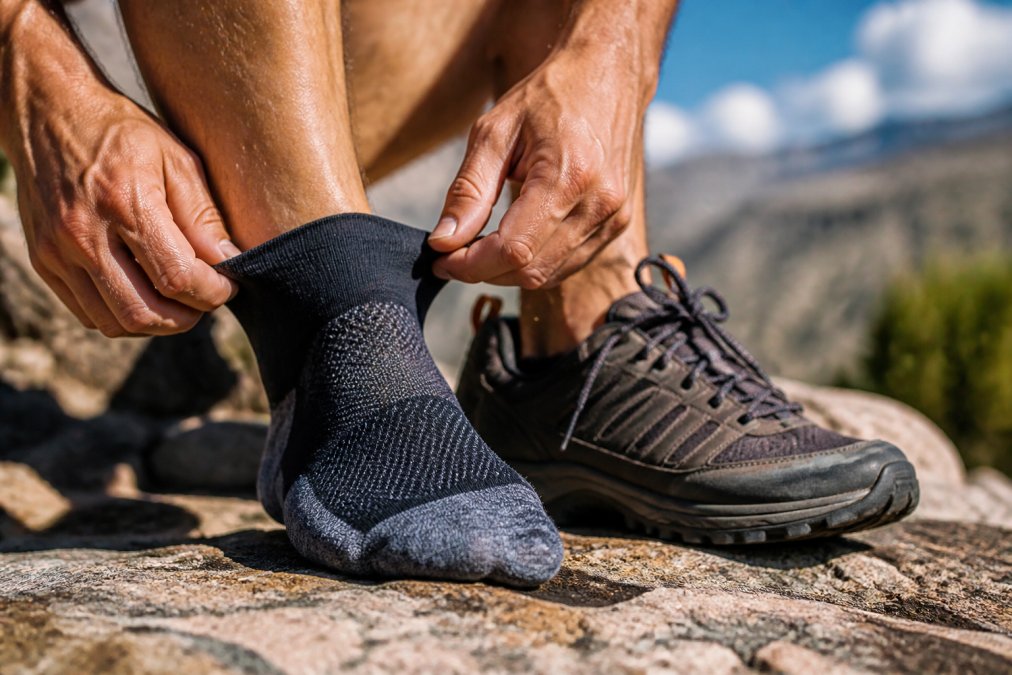 Close-up of a hiker's hands pulling on a technical low-cut athletic sock with reinforced mesh panels before lacing up trail running shoes, rocky terrain blurred in the background under bright daylight