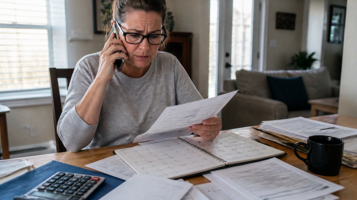 Homeowner sitting at home office desk with mortgage documents and calendar spread out, making an urgent phone call