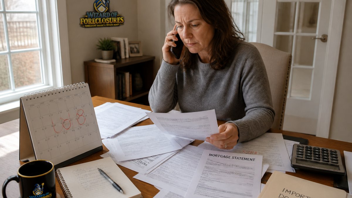 Homeowner sitting at desk with mortgage documents, financial statements, and calendar showing urgent dates, holding a phone with focused expression, natural window lighting