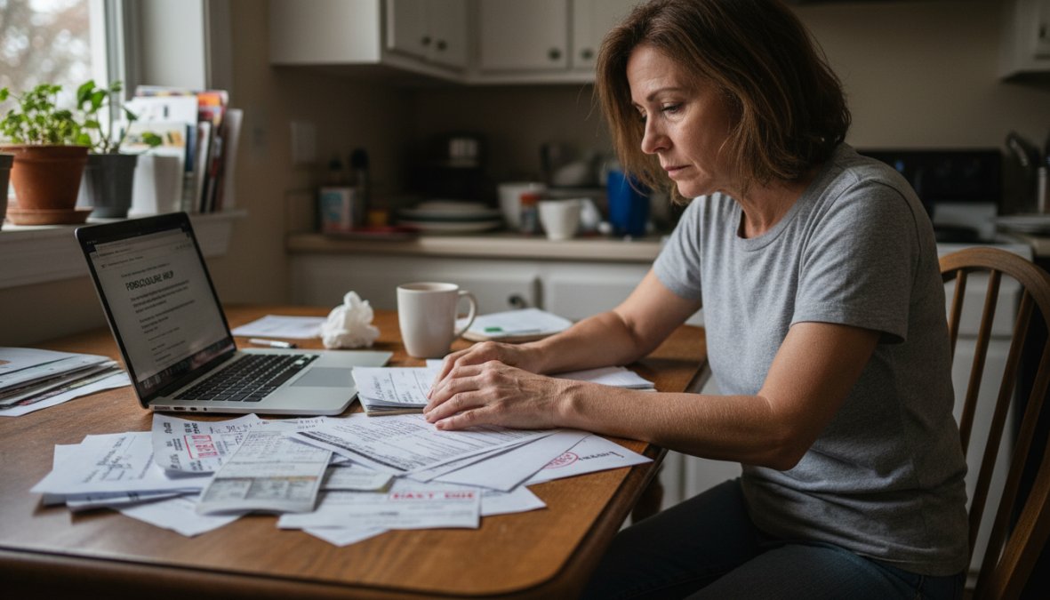 A stressed homeowner sitting at a kitchen table reviewing mortgage statements and documents, with a laptop open and bills spread across the surface, warm overhead kitchen lighting conveying financial urgency