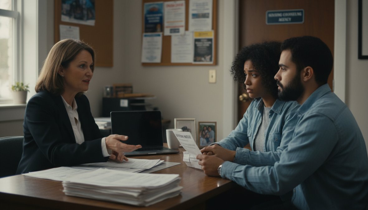 A housing counselor sitting across a desk from a couple, reviewing printed mortgage documents together in a professional office setting with warm lighting and a bookshelf in the background, conveying trust and focused guidance