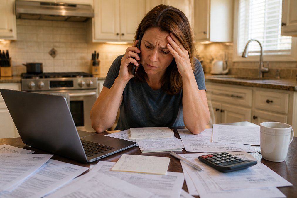 A stressed homeowner sitting at a kitchen table covered in mortgage paperwork, a laptop open to a lender's website, and a phone pressed to their ear under warm kitchen lighting
