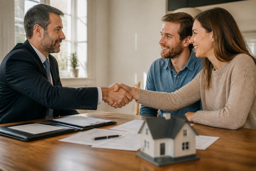 A professional financial advisor shaking hands with a homeowner across a desk, with loan documents spread out and a small house model visible, under warm office lighting conveying urgency and resolution