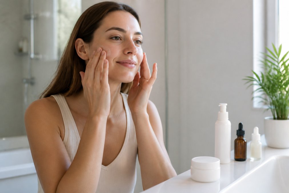 Close-up of a woman's hands gently pressing moisturizer into clean, glowing skin on her face, with neatly arranged skincare bottles on a white bathroom counter under soft natural light