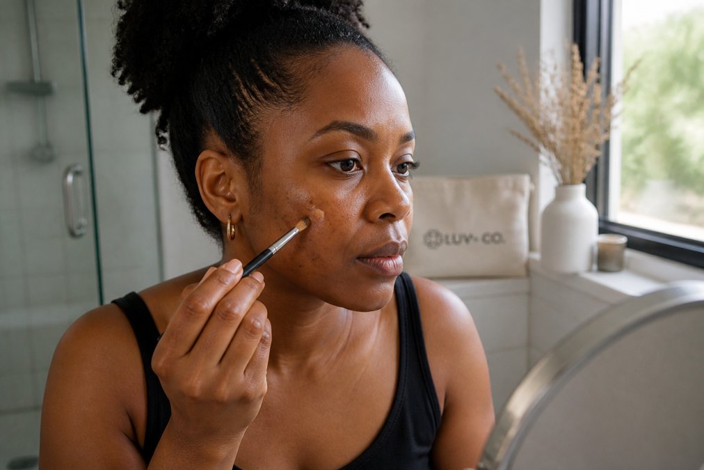 Black woman applying peach color corrector to dark spots to help stop foundation looking ashy on sensitive skin