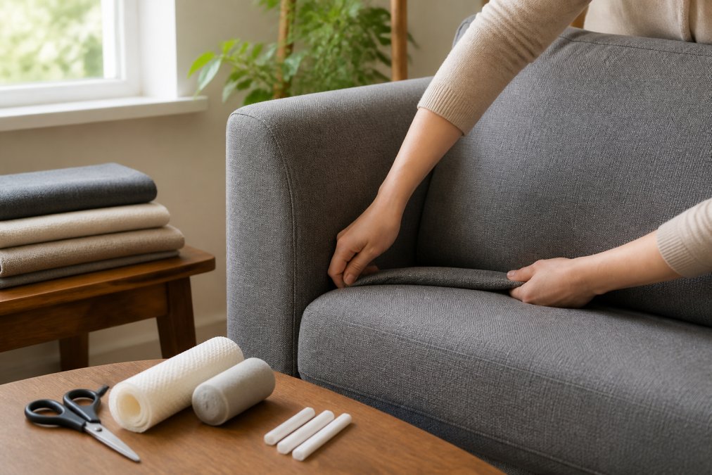 A person's hands tucking a gray fabric sofa cover into the crease between the seat cushion and the armrest, fabric pulled taut, soft afternoon light from a nearby window