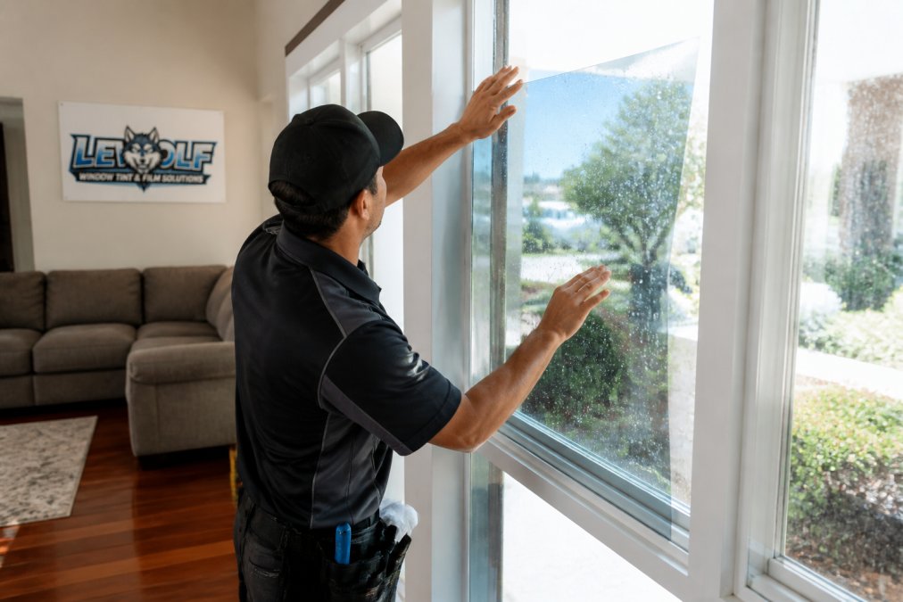 A professional installer applying transparent UV-blocking window film to a large residential window, with a living room sofa and hardwood floor visible in the background