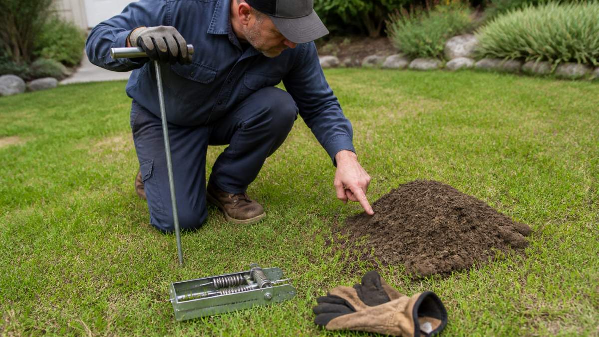 A homeowner in work clothes kneeling on a lawn, pointing to a fresh gopher mound and using a metal probe to find an active tunnel, with a trap and gloves nearby