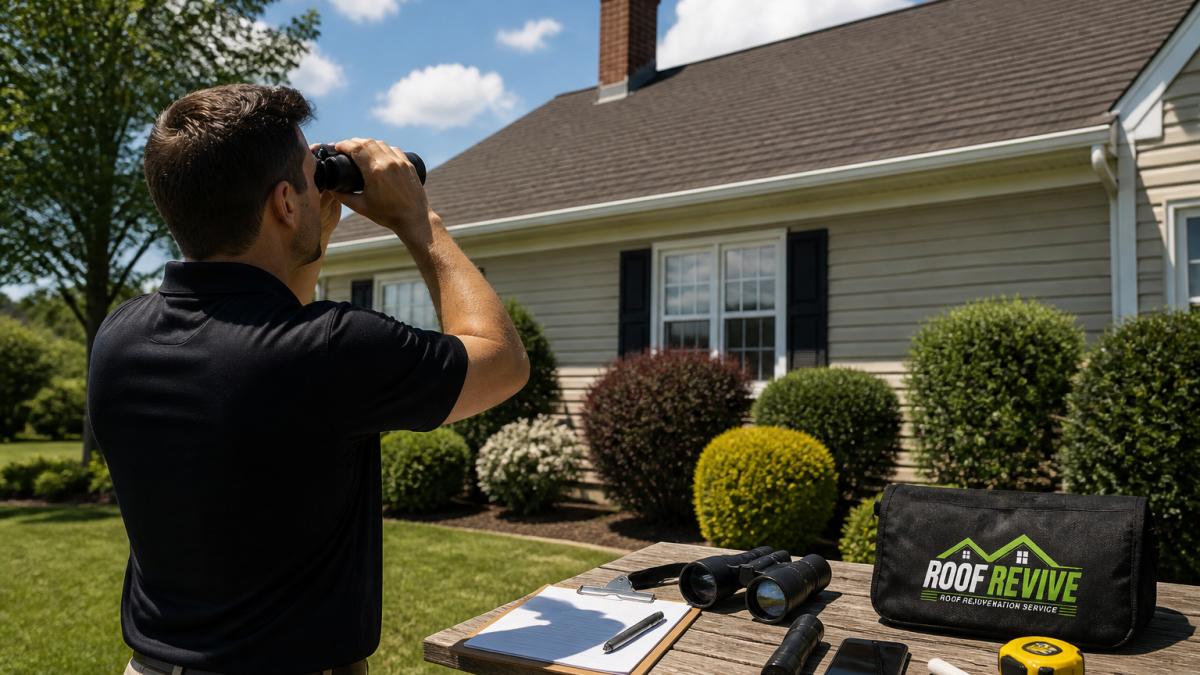 A homeowner standing on a green lawn looking up at an asphalt shingle roof with binoculars, examining the roof surface on a clear day