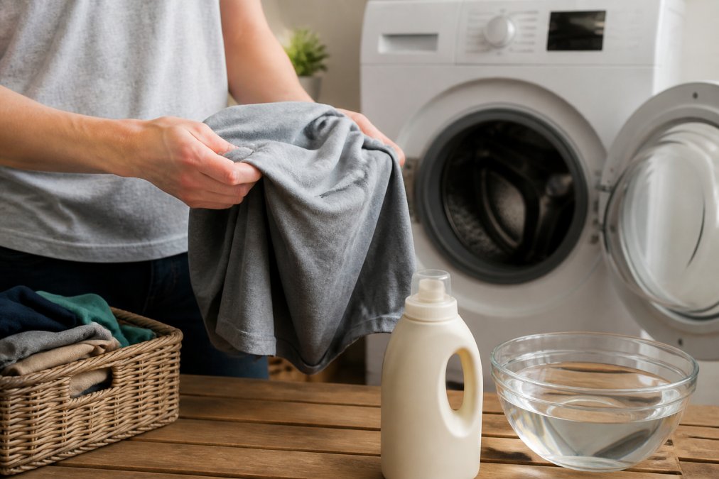 Hands carefully turning a graphic tee inside out before placing it into a washing machine, with a bottle of mild detergent and cold water visible in soft natural light