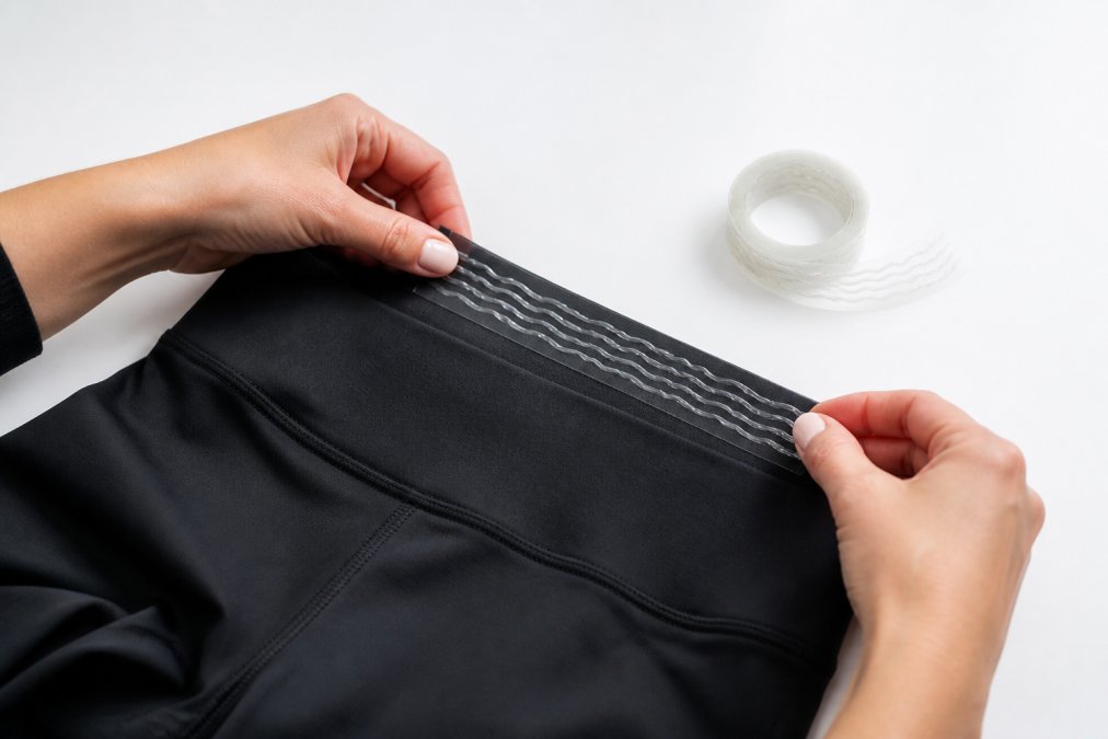 Close-up of hands applying silicone grip tape to the inside waistband of black leggings on a clean white surface