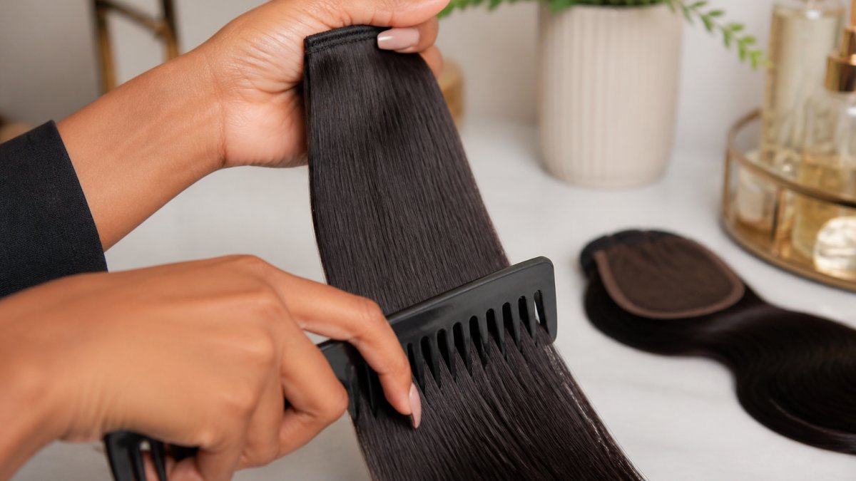 Close-up of hands using a wide-tooth comb on silky hair extensions, showing proper gentle technique with minimal tension