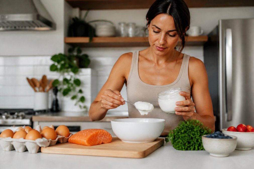 Infographic showing high-protein food portions to help stop hair loss, featuring yogurt, eggs, and salmon.