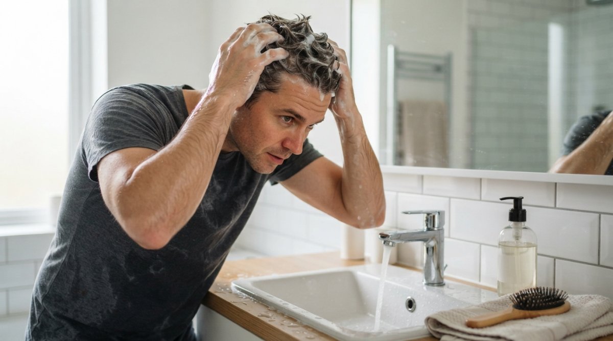 Man washing his hair in a bright bathroom to remove hair product buildup
