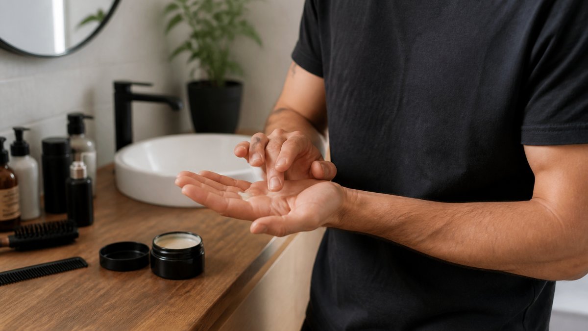 Close-up of a man's hands rubbing a small pea-sized amount of matte paste between his palms before applying to dry hair, bathroom counter with a jar of pomade visible, natural light