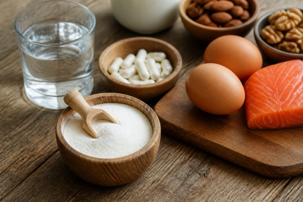 Close-up of a wooden table with collagen powder, biotin capsules, a glass of water, and fresh protein-rich foods including eggs and nuts arranged neatly in warm natural morning light