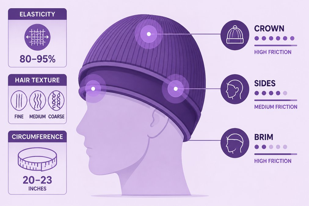 Cross-section diagram showing friction zones on a beanie: crown (top), sides (ear area), and brim (forehead), with labeled factors including elasticity (80-95%), hair texture (fine to coarse), and circumference measurements (20-23 inches)