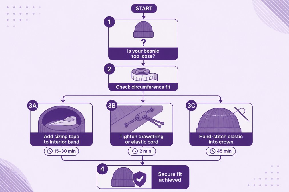 Flowchart decision tree: 'Is your beanie too loose?' → Check circumference fit → Path 1: Add sizing tape to interior band (15-30 minutes) → Path 2: Tighten drawstring or elastic cord (2 minutes) → Path 3: Hand-stitch elastic into crown (45 minutes) → Result: Secure fit achieved