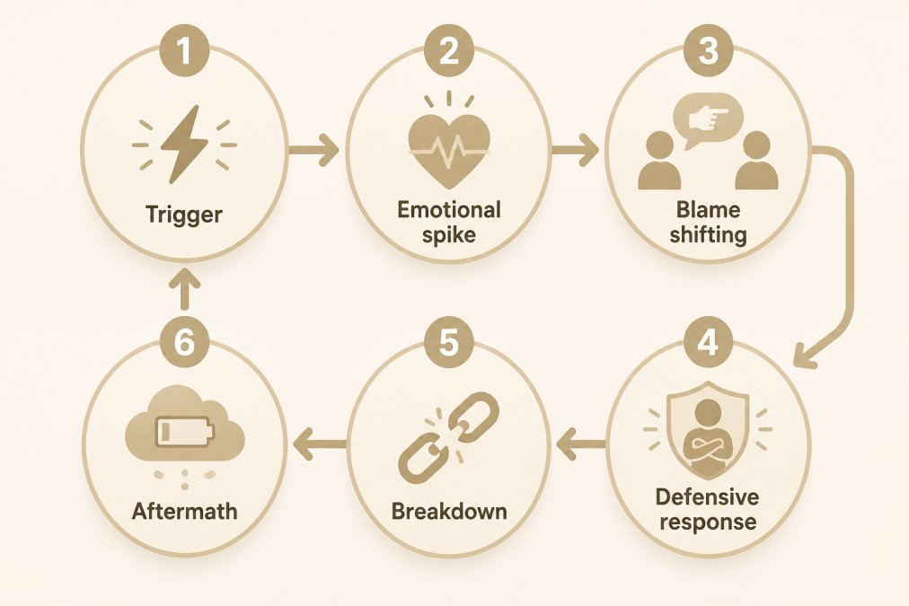 How to Stop High-Conflict Arguments: 7 Proven Steps 2 Flowchart showing conflict escalation cycle with 6 stages: Trigger → Emotional spike → Blame shifting → Defensive response → Breakdown → Aftermath, with arrow looping back to Trigger