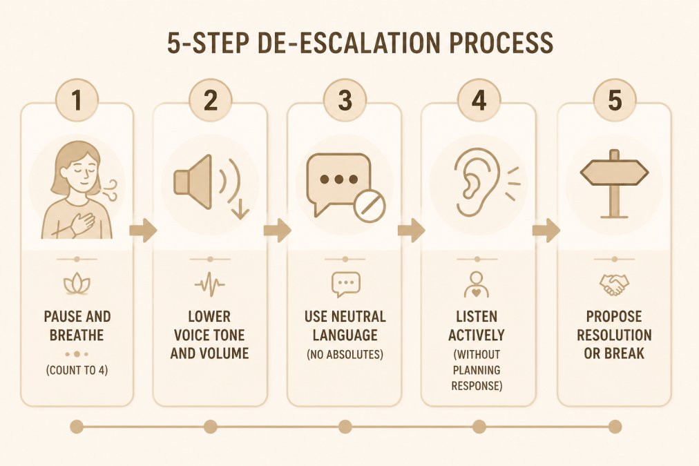 How to Stop High-Conflict Arguments: 7 Proven Steps 3 Diagram showing 5-step de-escalation process: 1) Pause and breathe (count to 4), 2) Lower voice tone and volume, 3) Use neutral language (no absolutes), 4) Listen actively without planning response, 5) Propose resolution or break
