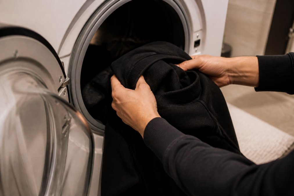Close-up of hands carefully placing a dark premium hoodie inside-out into a front-loading washing machine, the ribbed collar neatly arranged to avoid bunching, soft bathroom lighting