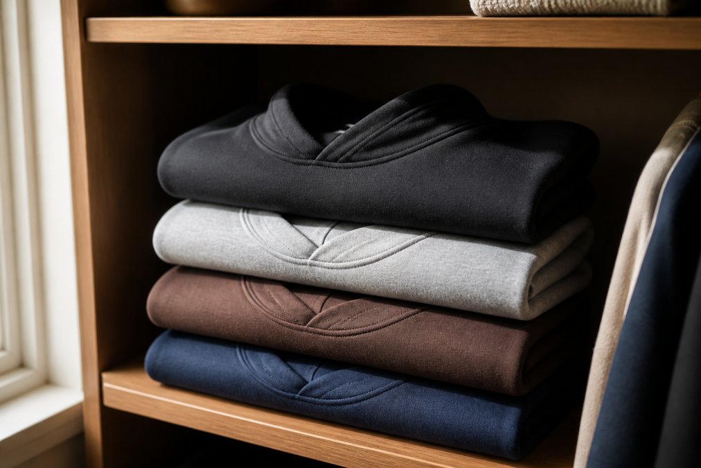 Neatly folded premium hoodies stacked on a wooden shelf in a tidy wardrobe, collar edges visible and undistorted, soft natural window light falling across the fabric