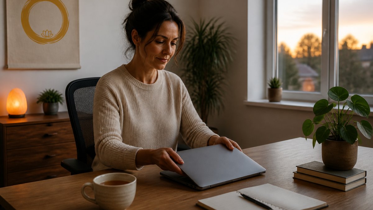 A calm professional closing a laptop at the end of the workday in a softly lit home office, notebook and cup of tea nearby, evening light through the window