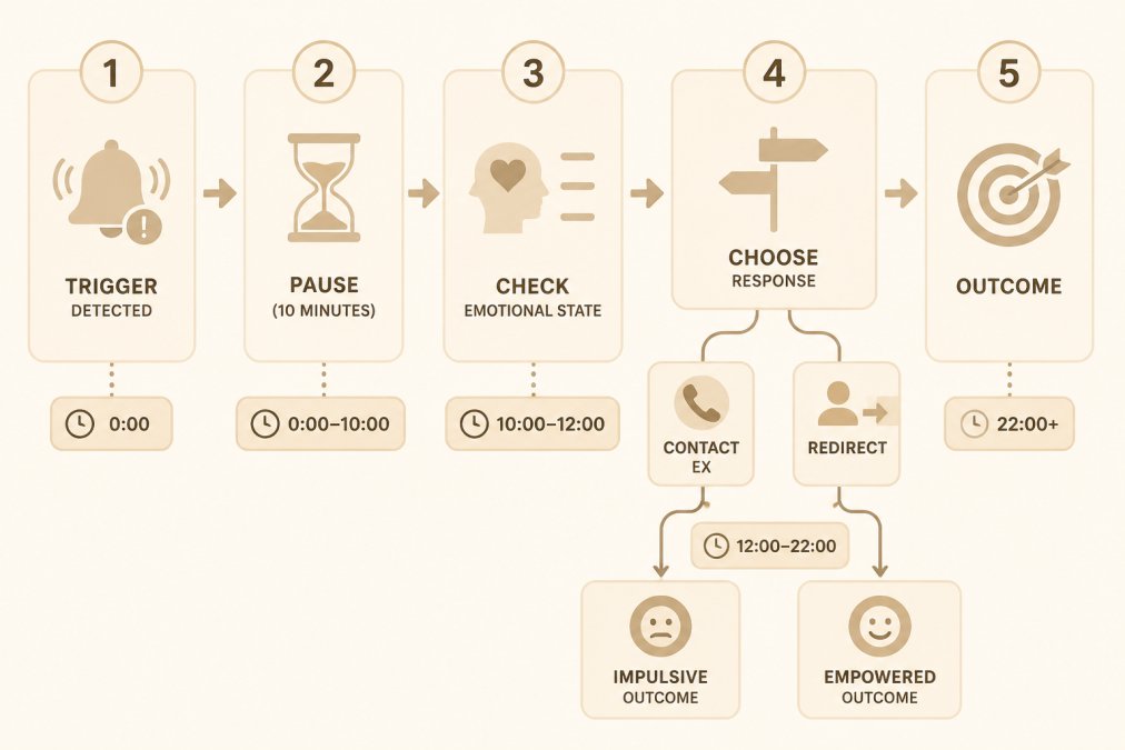 Flowchart showing decision tree: Trigger detected → Pause (10 minutes) → Check emotional state → Choose response (contact ex or redirect) → Outcome, with time markers at each stage