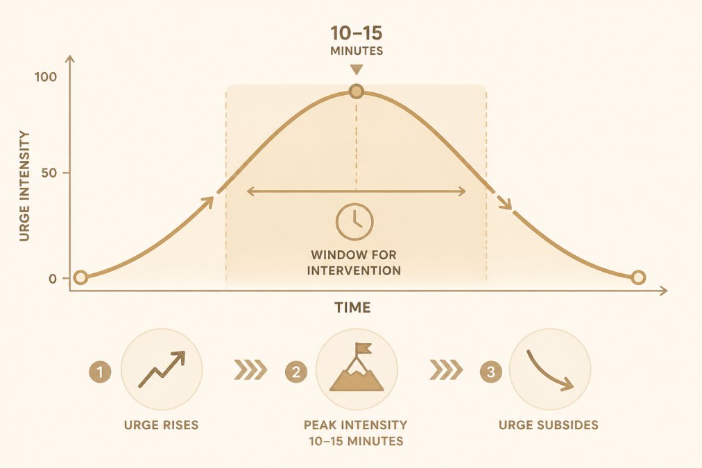 Wave diagram showing urge surfing cycle: Urge rises → Peak intensity at 10-15 minutes → Urge subsides over time, with annotation showing the window for intervention