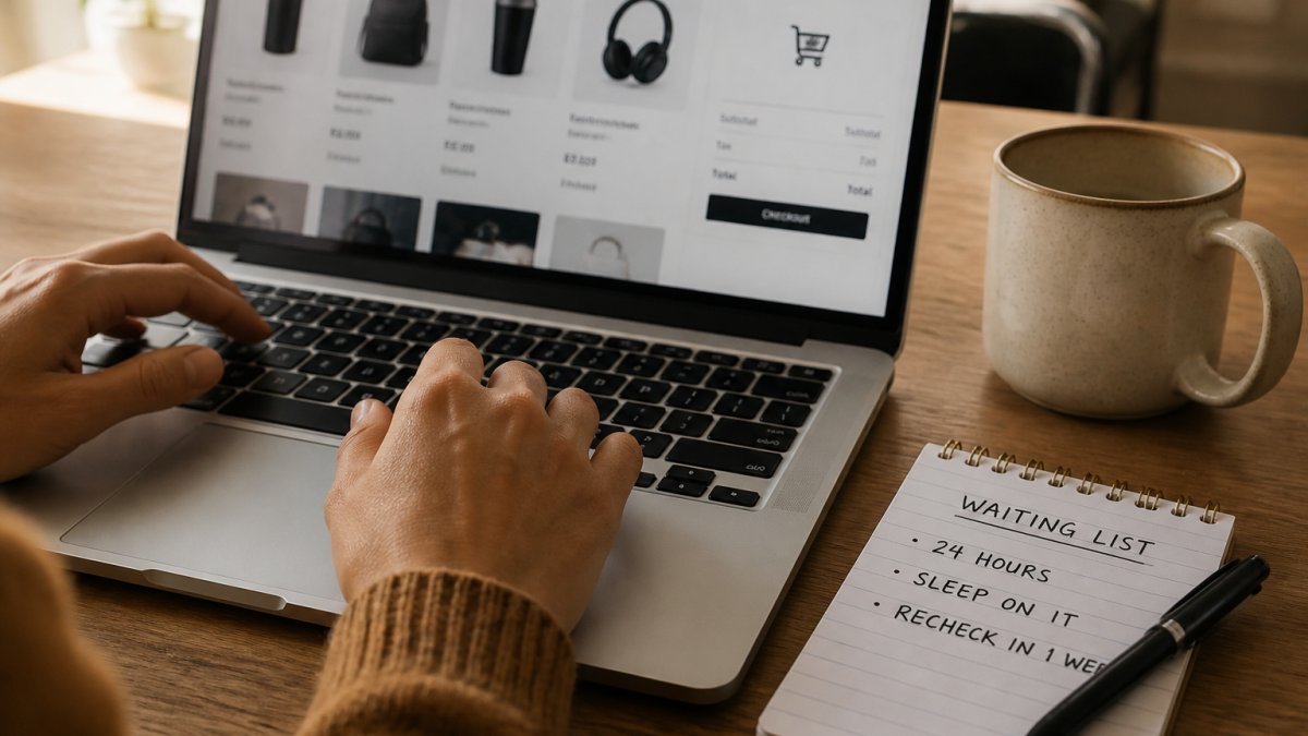 Person hovering hands over a laptop keyboard with a waiting-list notepad nearby to discourage impulsive shopping.