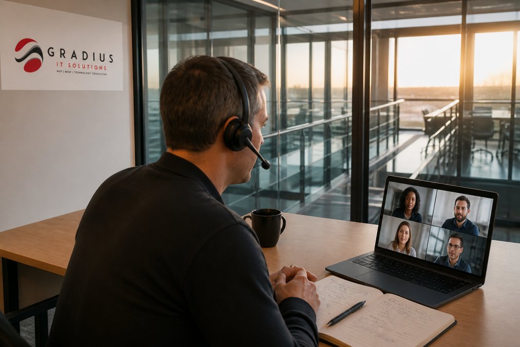 How to Stop IT Vendor Finger Pointing: 2026 Guide 1 IT director in a glass-walled office on a conference bridge, headset on, laptop showing four video participants, handwritten notes and a coffee cup on the desk, late afternoon light