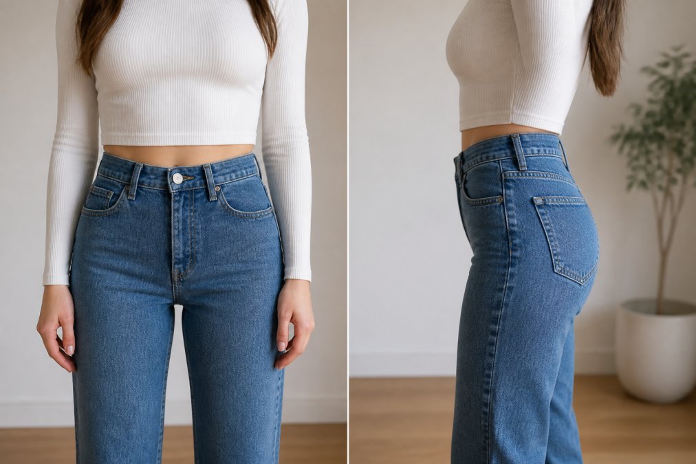 Woman wearing high-waisted jeans showing proper fit at natural waist, viewed from front and side angles to illustrate correct waistband placement and smooth fabric without bunching