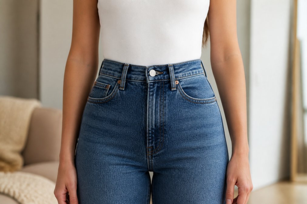 Close-up of woman's waist showing proper high-waisted denim fit at natural waist, demonstrating how correct rise eliminates bunching and provides smooth silhouette