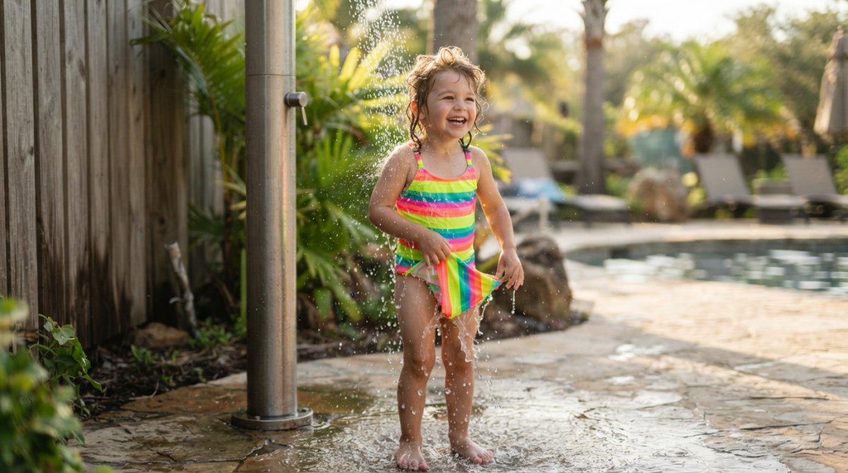 A young child rinsing off under a outdoor shower after swimming, water cascading over a brightly colored neon swimsuit, showing the immediate post-swim care routine with natural sunlight