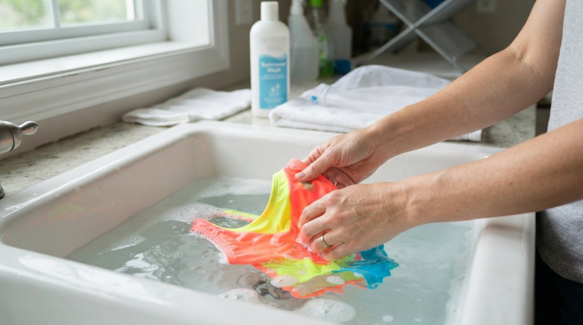 A parent's hands gently hand-washing a neon-colored children's swimsuit in a sink filled with cool water, demonstrating proper washing technique with mild soap suds
