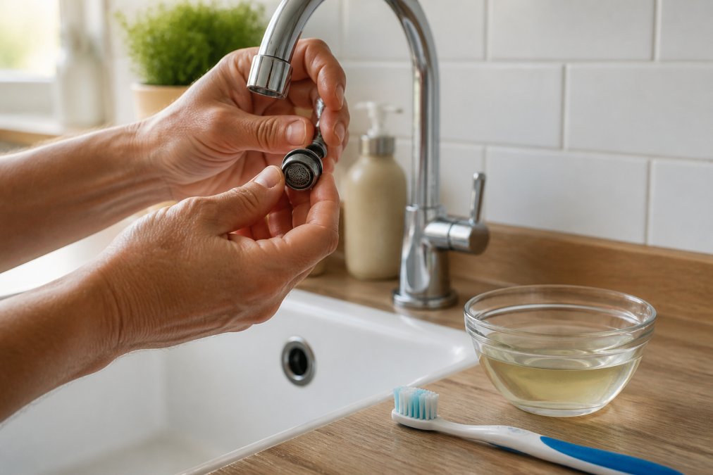Close-up of hands unscrewing a chrome faucet aerator over a white kitchen sink, with a small bowl of white vinegar and a soft toothbrush resting on the counter in warm natural light