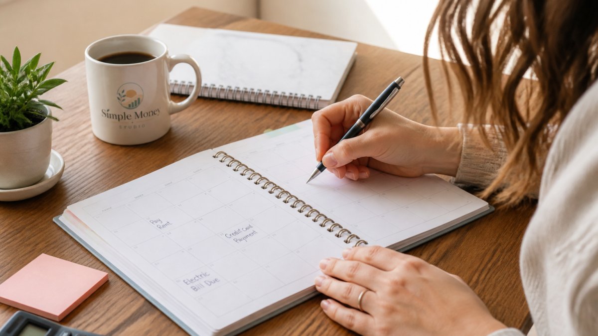 A process diagram showing how to schedule bill payments in a planner to avoid missed deadlines.