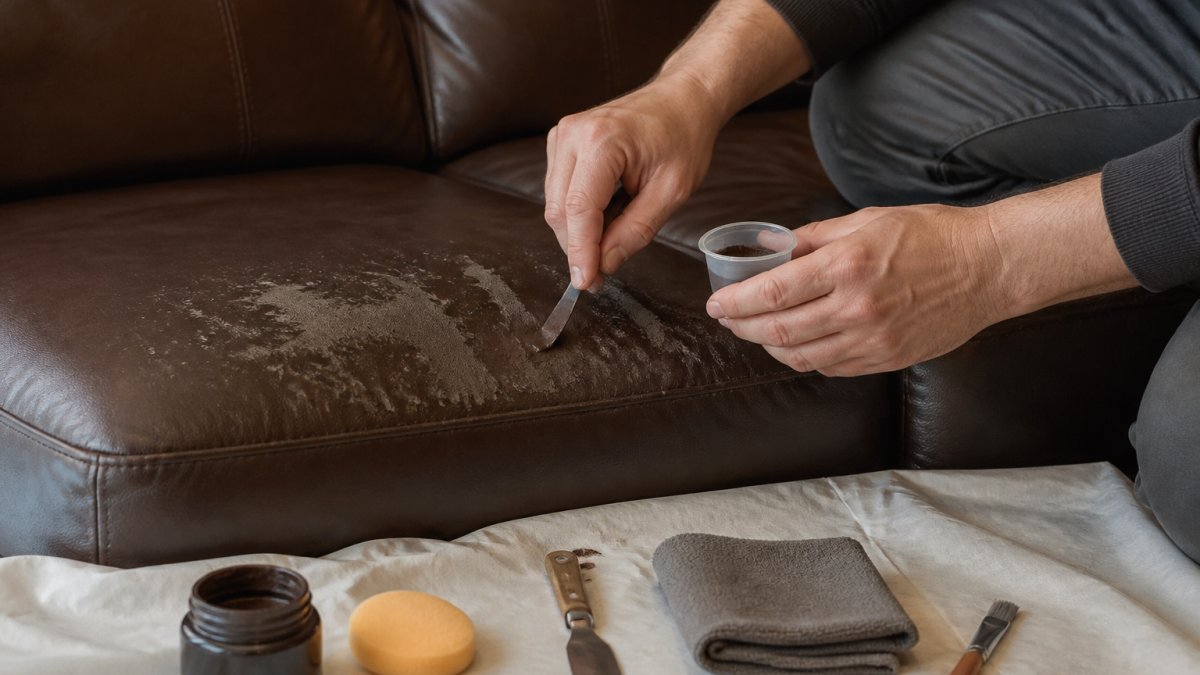 Close-up of a person's hands applying colour-matched filler to a peeling patch on a dark brown leather sofa cushion, with small tools and a cloth laid out on a protective sheet nearby