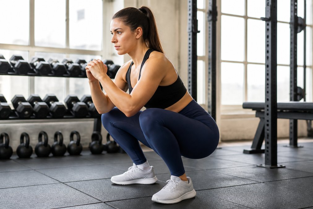 Woman performing a deep squat while wearing high-waisted leggings, showing waistband position and fit during dynamic movement in bright gym lighting