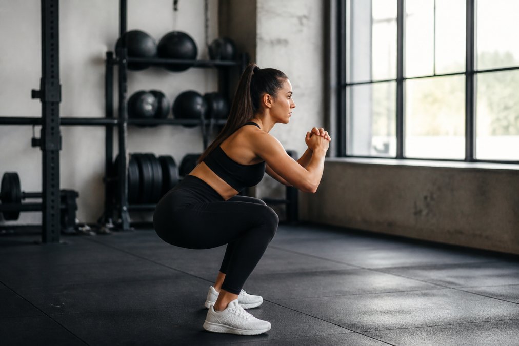 Female athlete in form-fitting black athletic leggings performing a deep squat in a bright training facility, natural light from large windows, waistband sitting firmly at the natural waist