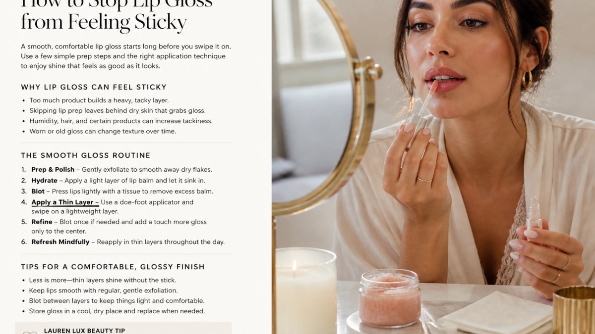 Close-up of a woman applying a thin layer of clear lip gloss with a doe-foot applicator in front of a softly lit vanity mirror, with a lip scrub jar and tissue nearby