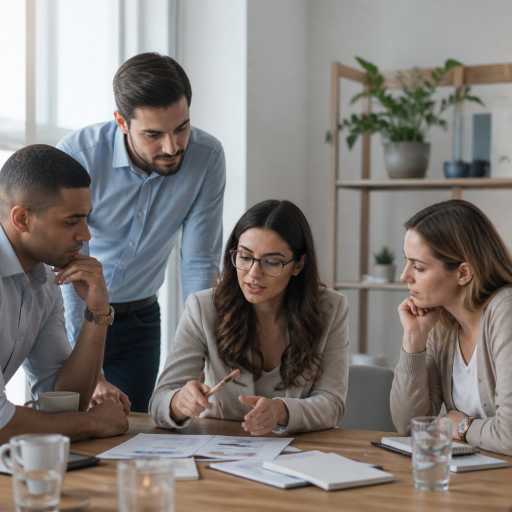 Marketing manager reviewing website analytics dashboard on desktop monitor with sales team members observing in modern office setting with natural lighting